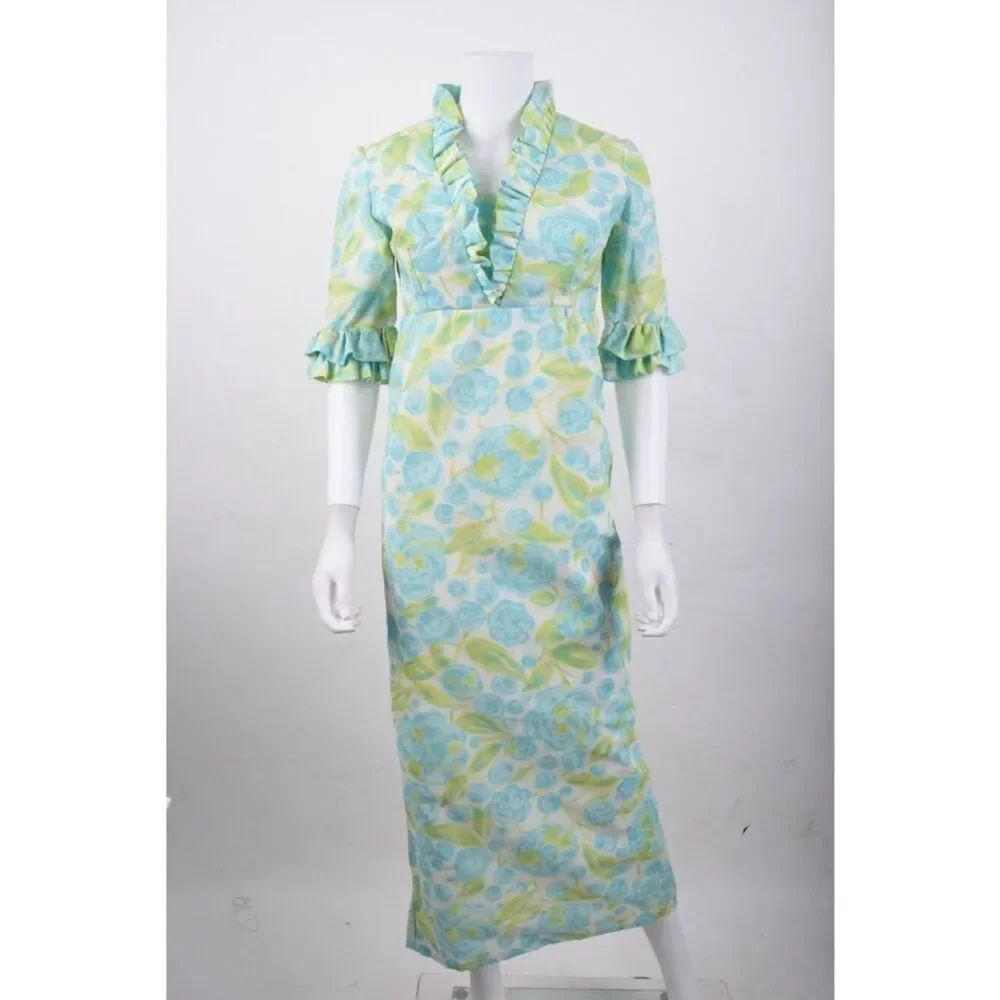 Vintage Womans Gown Midi Dress S Aqua Green Floral Empire Waist Ruffle Hawaiian